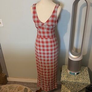 Red and White Checkered silk maxi Dress